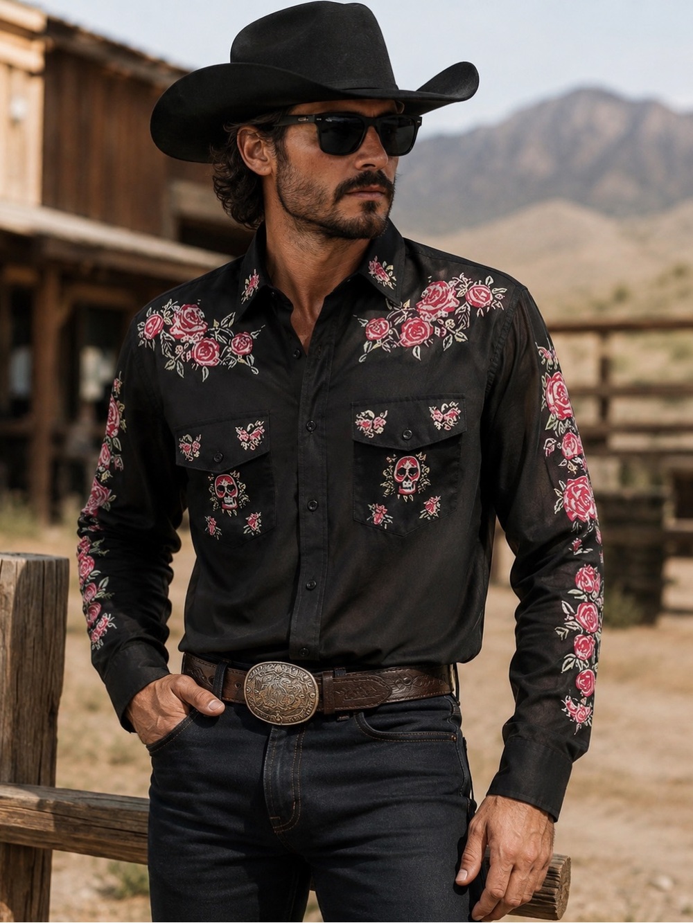 OUKU Men’s L Black Western Shirt Rose Skull Floral Cowboy Button Up NWT - Picture 3 of 13